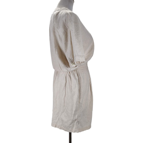 Vintage 90s Linen Blend Romper Size S Beige Micro Dot Short Sleeve Pockets - Picture 2 of 15